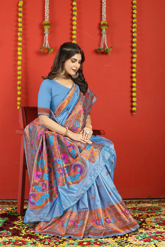 Dhiyona GR Women's Fancy Mor Sky Blue Zari Paithani Silk Saree