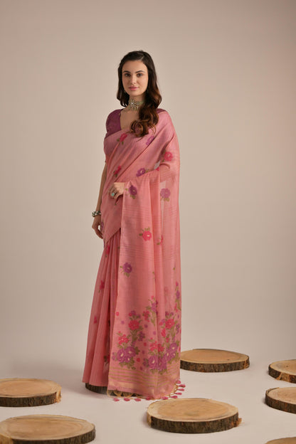 Dhiyona GR Women's Arisaa Pink Muga Cotton Saree