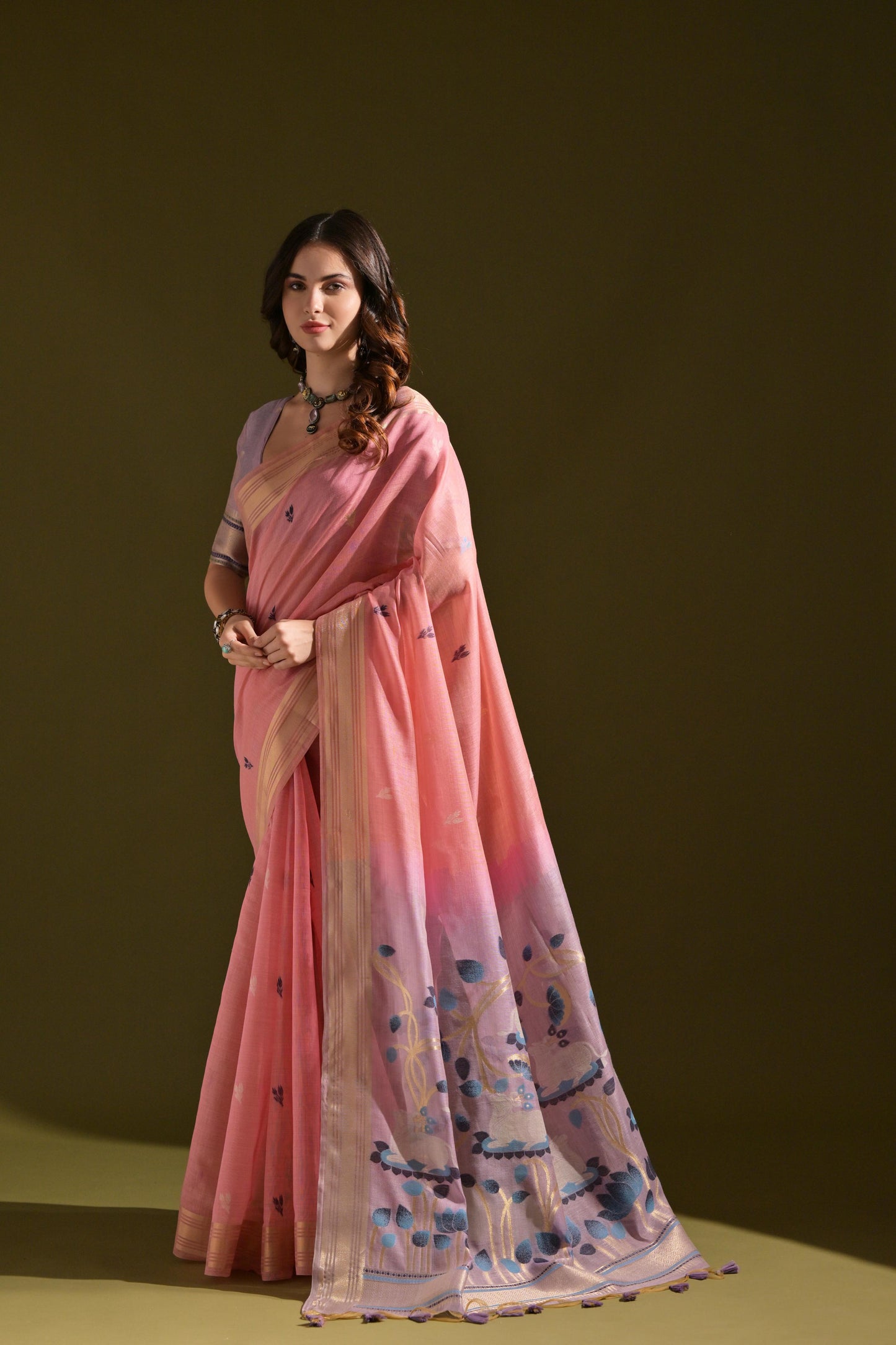 Dhiyona GR Women's Siara Pink Muga Cotton Saree