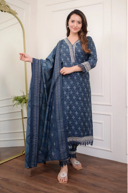 Women Viscose Navy Blue Kurta And Pant Set With Dupatta