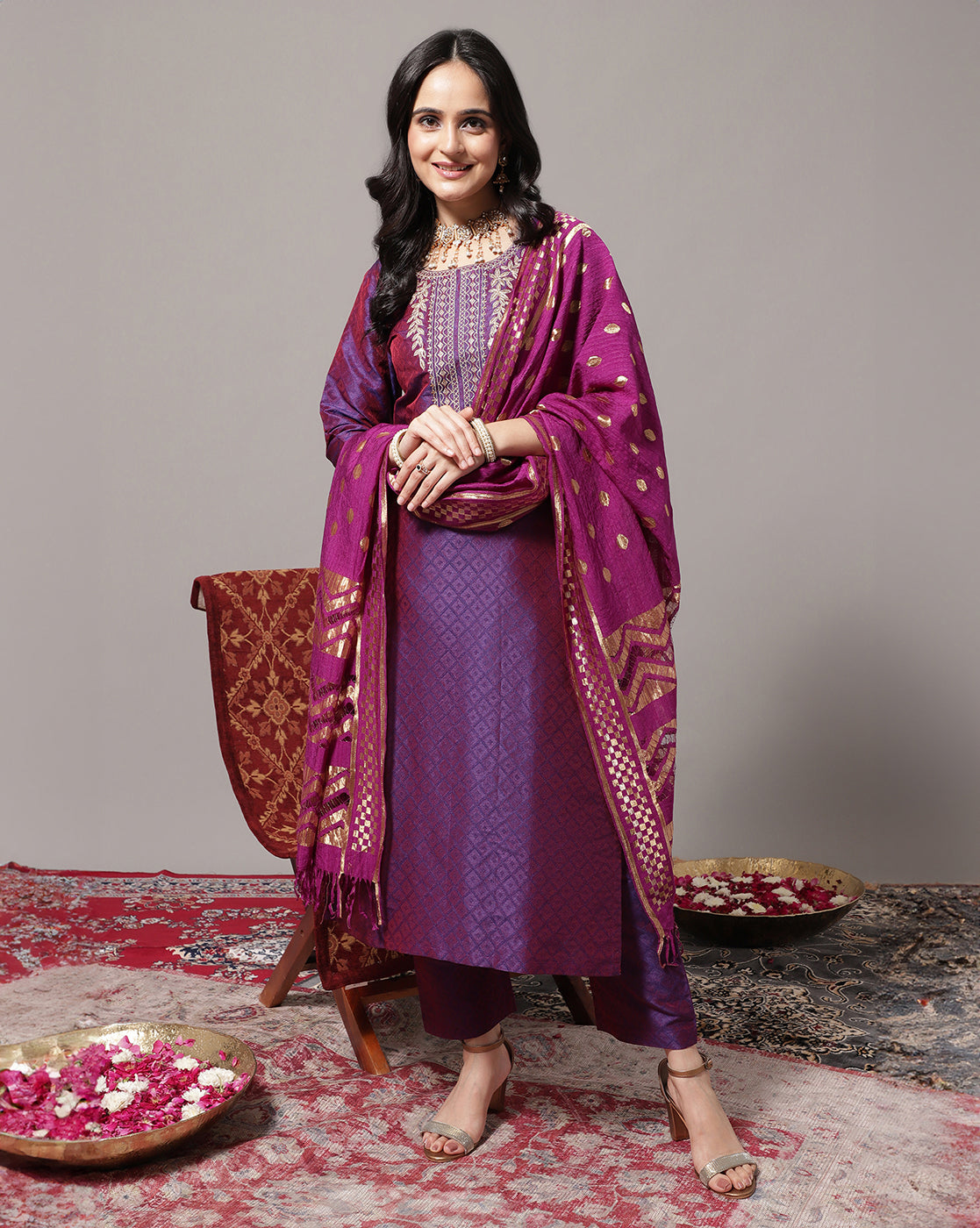 Dhiyona VR Women's Voilet Zari Embroidered Kurta With Three Quater Sleeves Paired With Tonal Bottom And Dupatta