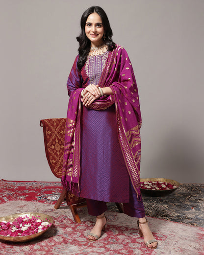 Dhiyona VR Women's Voilet Zari Embroidered Kurta With Three Quater Sleeves Paired With Tonal Bottom And Dupatta