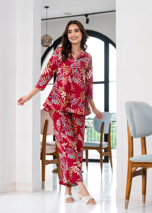 Women Red Printed Viscose Rayon Kurta And Pant Set