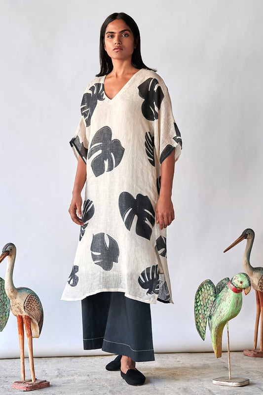 Women's Black and Tofu Leaf Printed Linen Co-ord Set