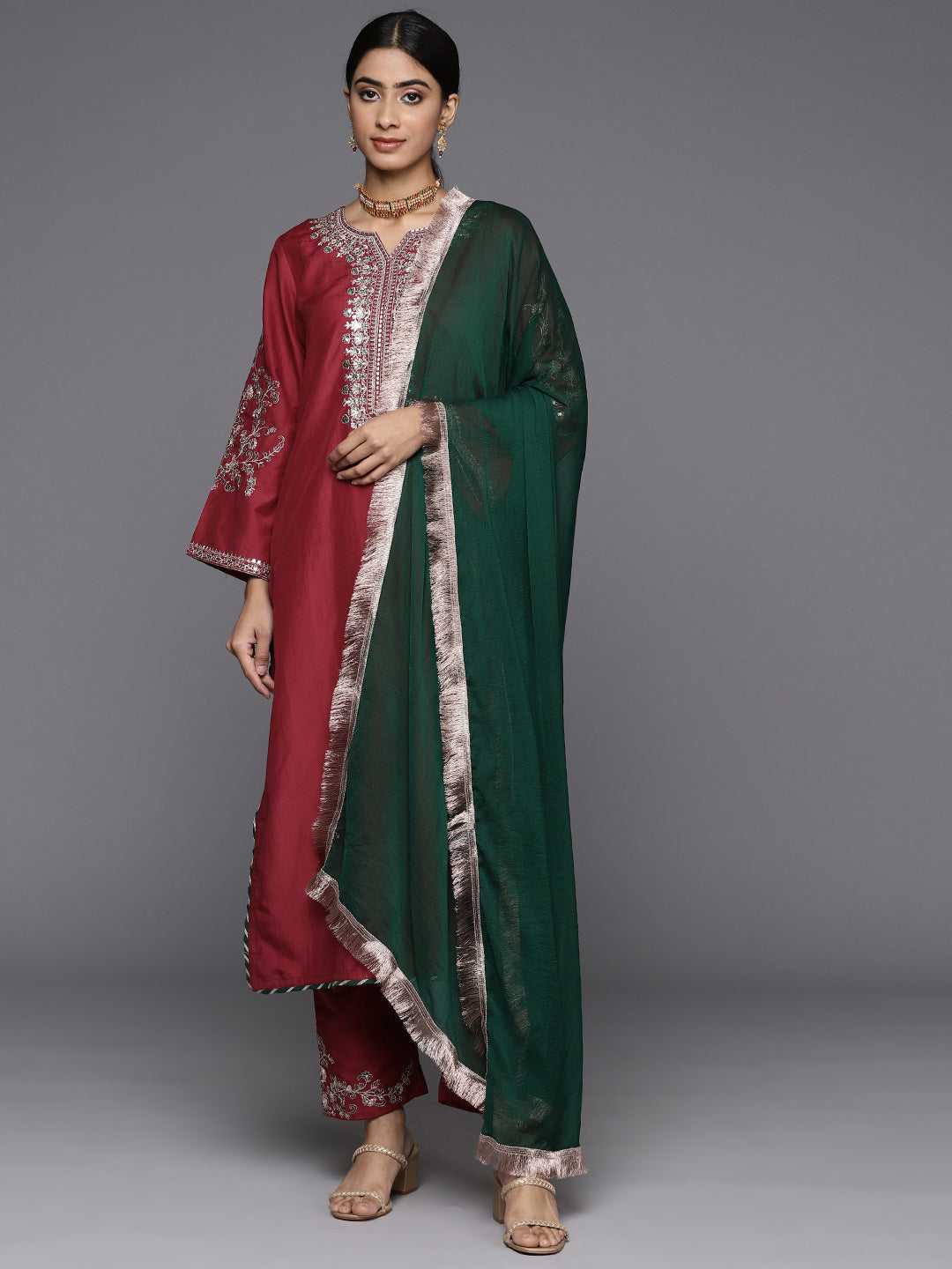 Dhiyona VR Women's Maroon Round Neck Yoke Embroidered Straight Kurta Paired With Tonal Embroidered Bottom And Contrast Dupatta With Fringes