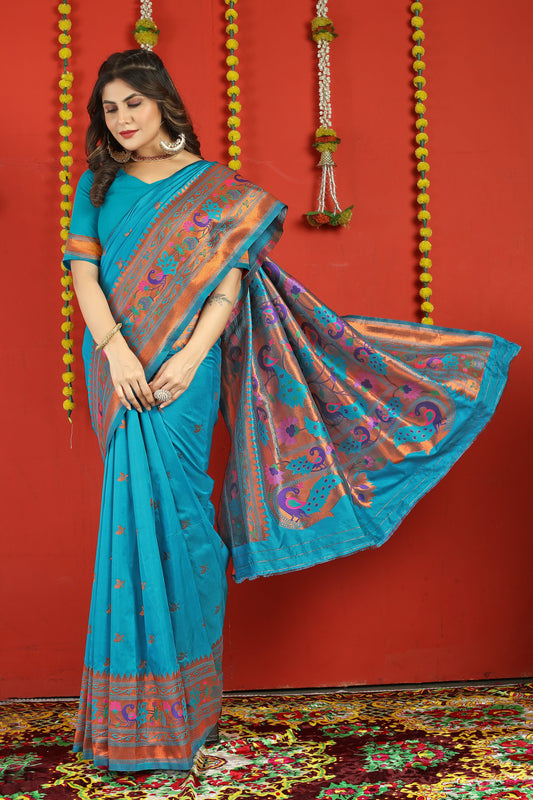 Dhiyona GR Women's Fancy Mor Cyan Blue Zari Paithani Silk Saree