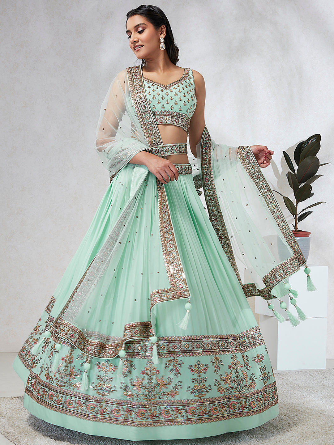 Women Sea Green Georgette Sequins and thread embroidery  Lehenga choli & Dupatta