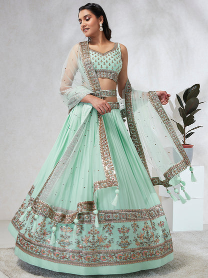 Women Sea Green Georgette Sequins and thread embroidery  Lehenga choli & Dupatta