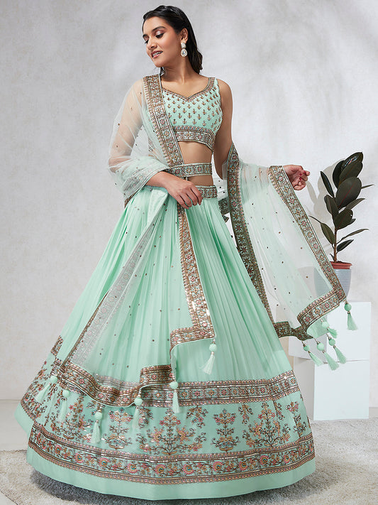 Women Sea Green Georgette Sequins and thread embroidery  Lehenga choli & Dupatta