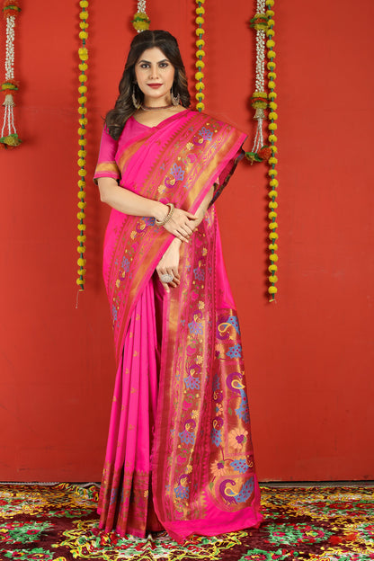 Dhiyona GR Women's Fancy Mor Hot Pink Zari Paithani Silk Saree