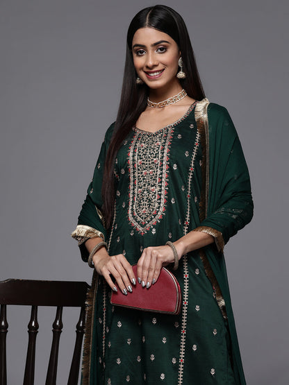 Dhiyona VR Women's Green Embroidered Kurta Paired With Tonal Bottom And Dupatta