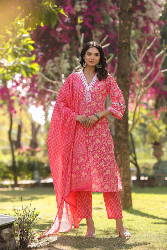 Dhiyona VR Women's Pink V Neck Crochet Lace Detailed Kurta With Printed Bottom And Dupatta