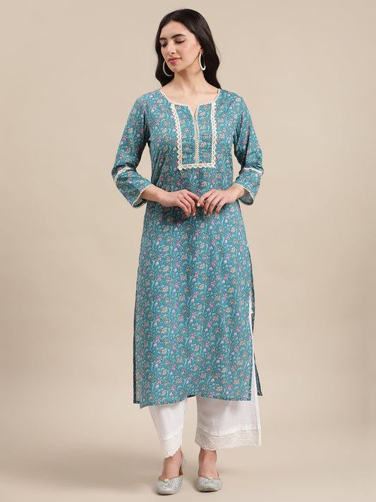 Dhiyona VR Women's Blue Floral Printed Lace Embellished Kurta With 3/4Th Sleeves