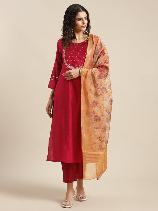 Dhiyona VR Women's Magenta & White Embellished Straight Kurta