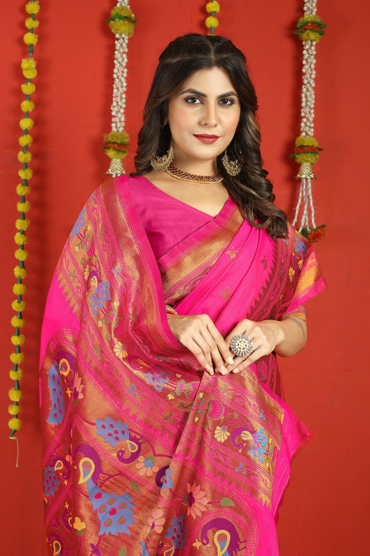 Dhiyona GR Women's Fancy Mor Hot Pink Zari Paithani Silk Saree