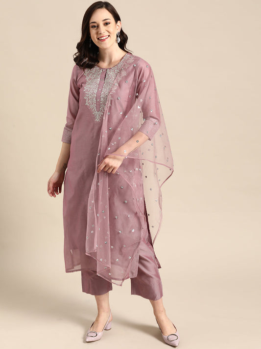 Dhiyona VR Women's Mauve Floral Embroidered Regular Chanderi Silk Kurta With Trousers & With Dupatta