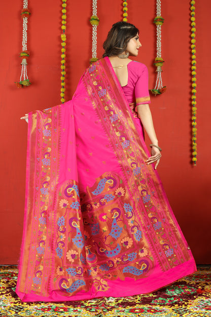 Dhiyona GR Women's Fancy Mor Hot Pink Zari Paithani Silk Saree