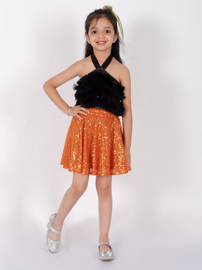 Lil Drama Girls Black Party top with Orange skirt for girls