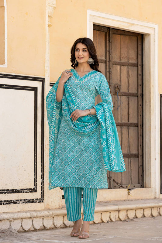 Dhiyona VR Women's Blue V Neck Thread Embroidered Kurta Paired With Printed Bottom And Dupatta