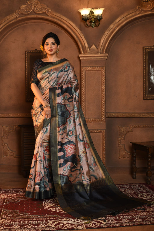 Dhiyona GR Women's Cream & Black Soft Ghicha Tussar Silk Saree with Beautiful Kalamkari Printed Work