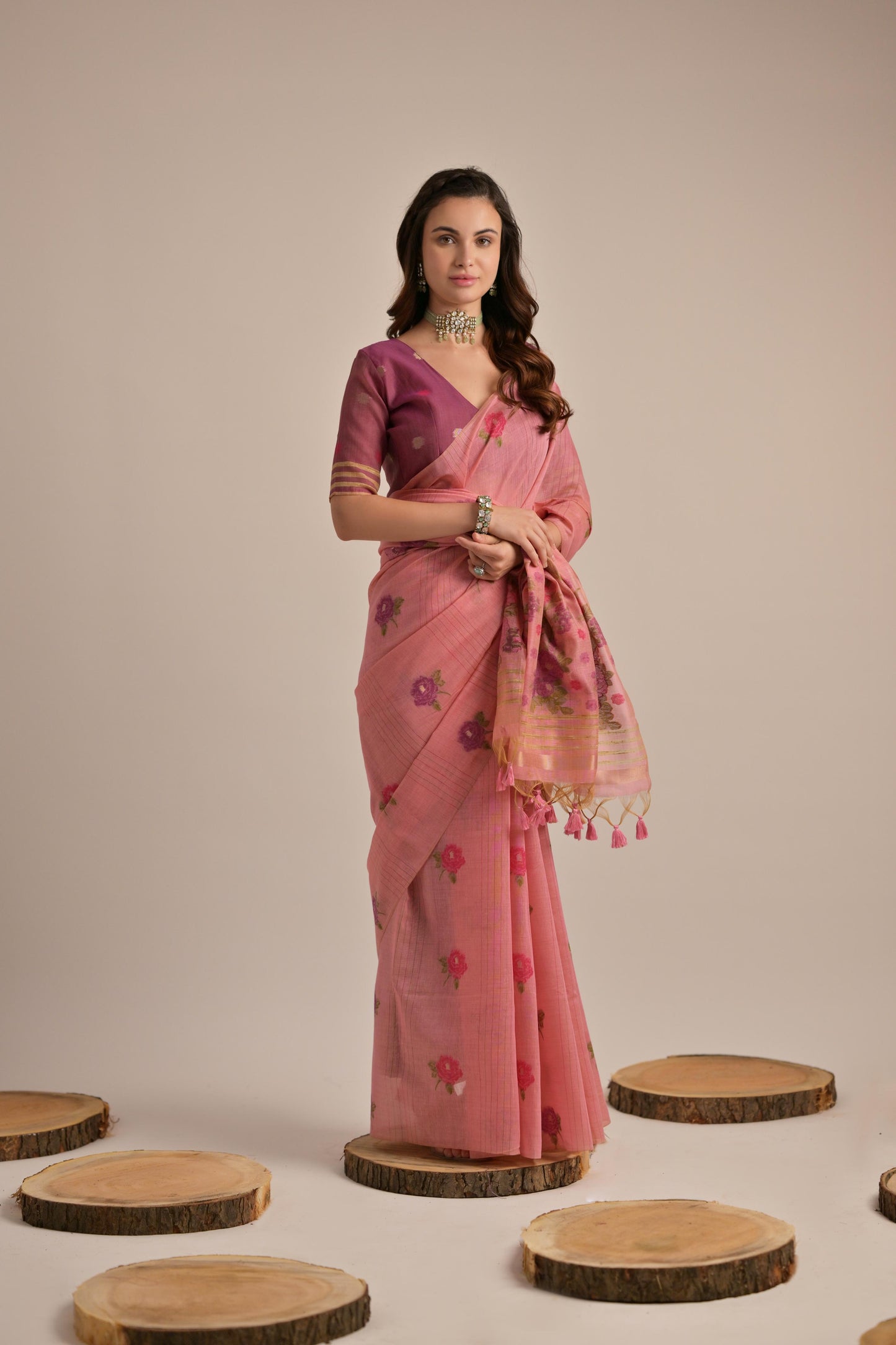Dhiyona GR Women's Arisaa Pink Muga Cotton Saree