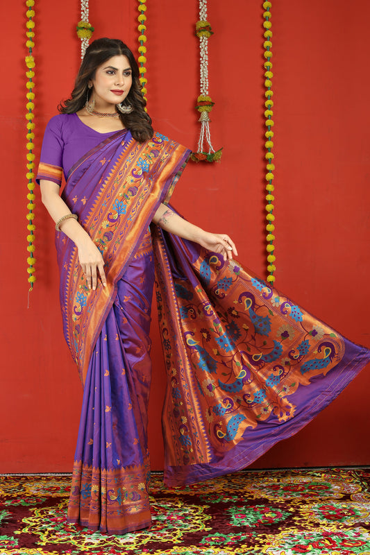 Dhiyona GR Women's Fancy Mor Purple Zari Paithani Silk Saree