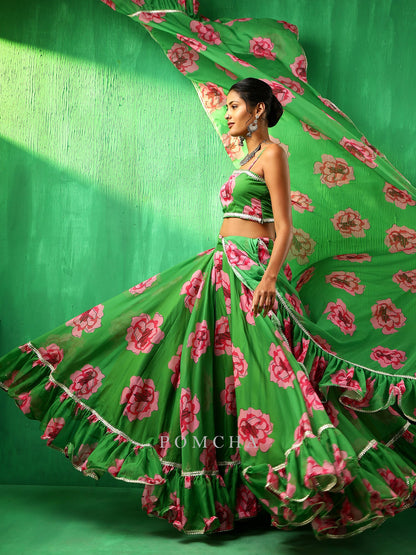 Adaa Green Carnation Organza Frill Lehenga  With Organza Dupatta Set