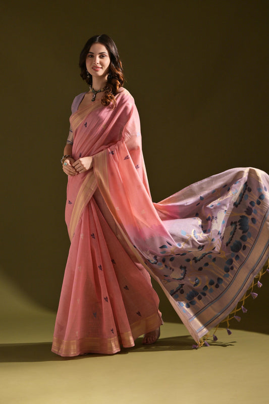 Dhiyona GR Women's Siara Pink Muga Cotton Saree