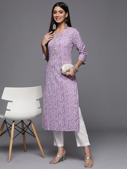 Dhiyona VR Women's Lavender Bandhani Print Embroidered Kurta Has Round Neck
