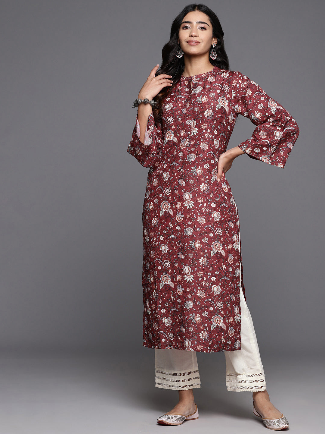 Dhiyona VR Women's Maroon Floral Printed Straight Kurta With Flared Sleeves