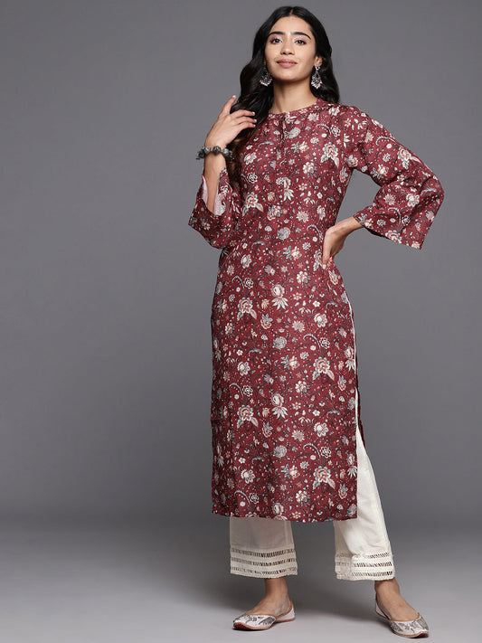 Dhiyona VR Women's Maroon Floral Printed Straight Kurta With Flared Sleeves
