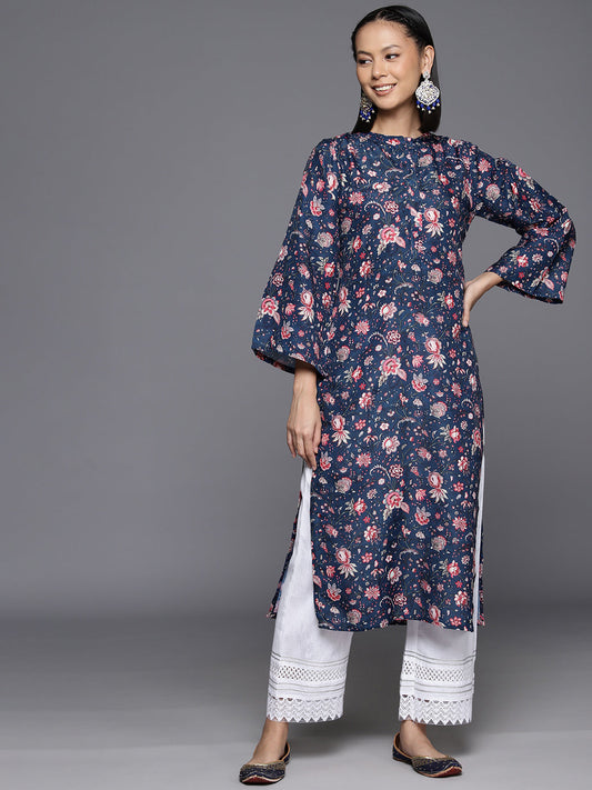 Dhiyona VR Women's Blue Floral Printed Straight Kurta With Flared Sleeves