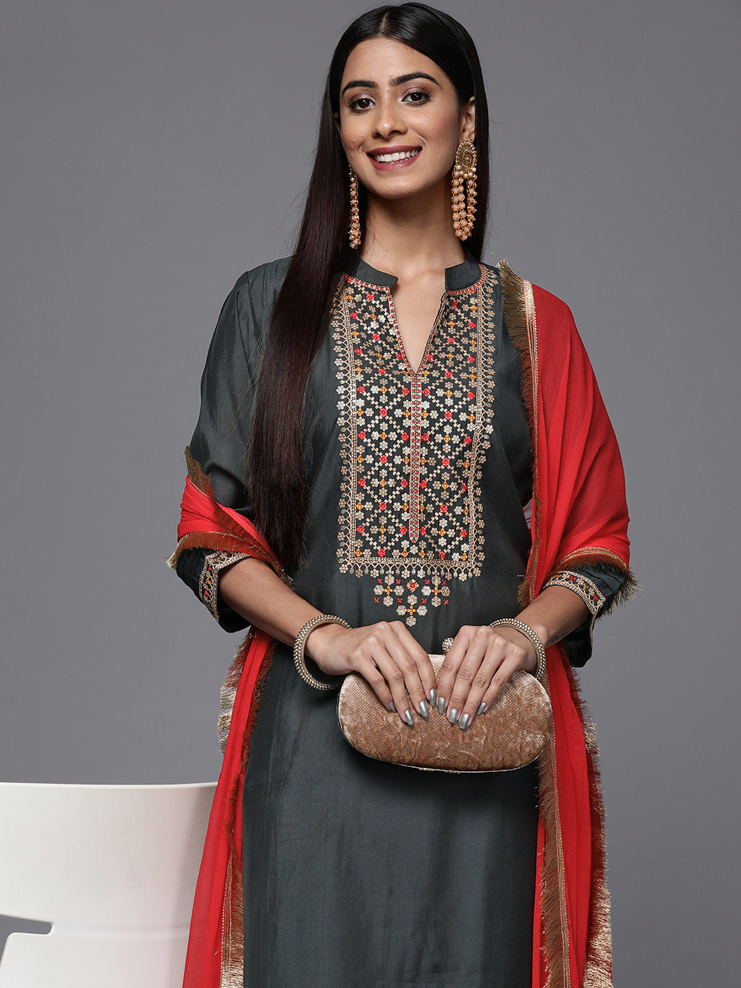 Dhiyona VR Women's Grey Embroidered Kurta Paired With Tonal Bottom And Contrast Dupatta