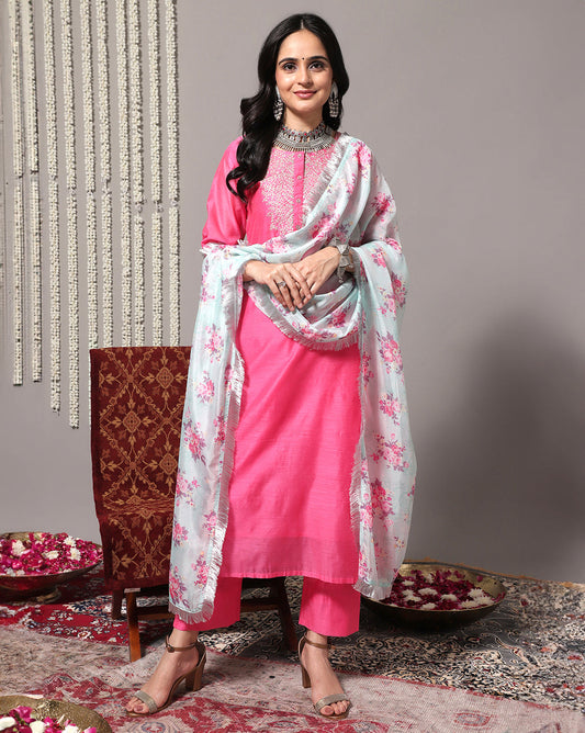 Dhiyona VR Women's Pink Floral Embroidered Regular Chanderi Silk Kurta With Trousers & With Dupatta