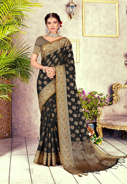 Dhiyona GR Women's Black Diamond Crow Black Zari Woven Design Cotton Blend Saree