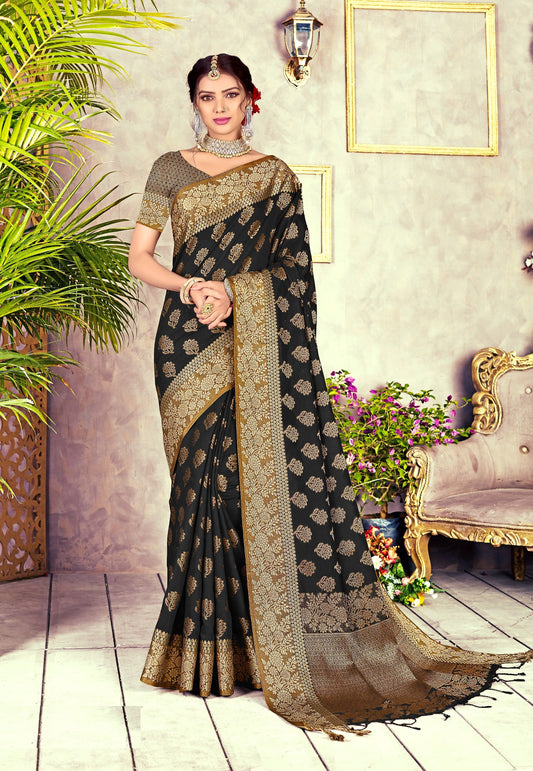 Dhiyona GR Women's Black Diamond Crow Black Zari Woven Design Cotton Blend Saree