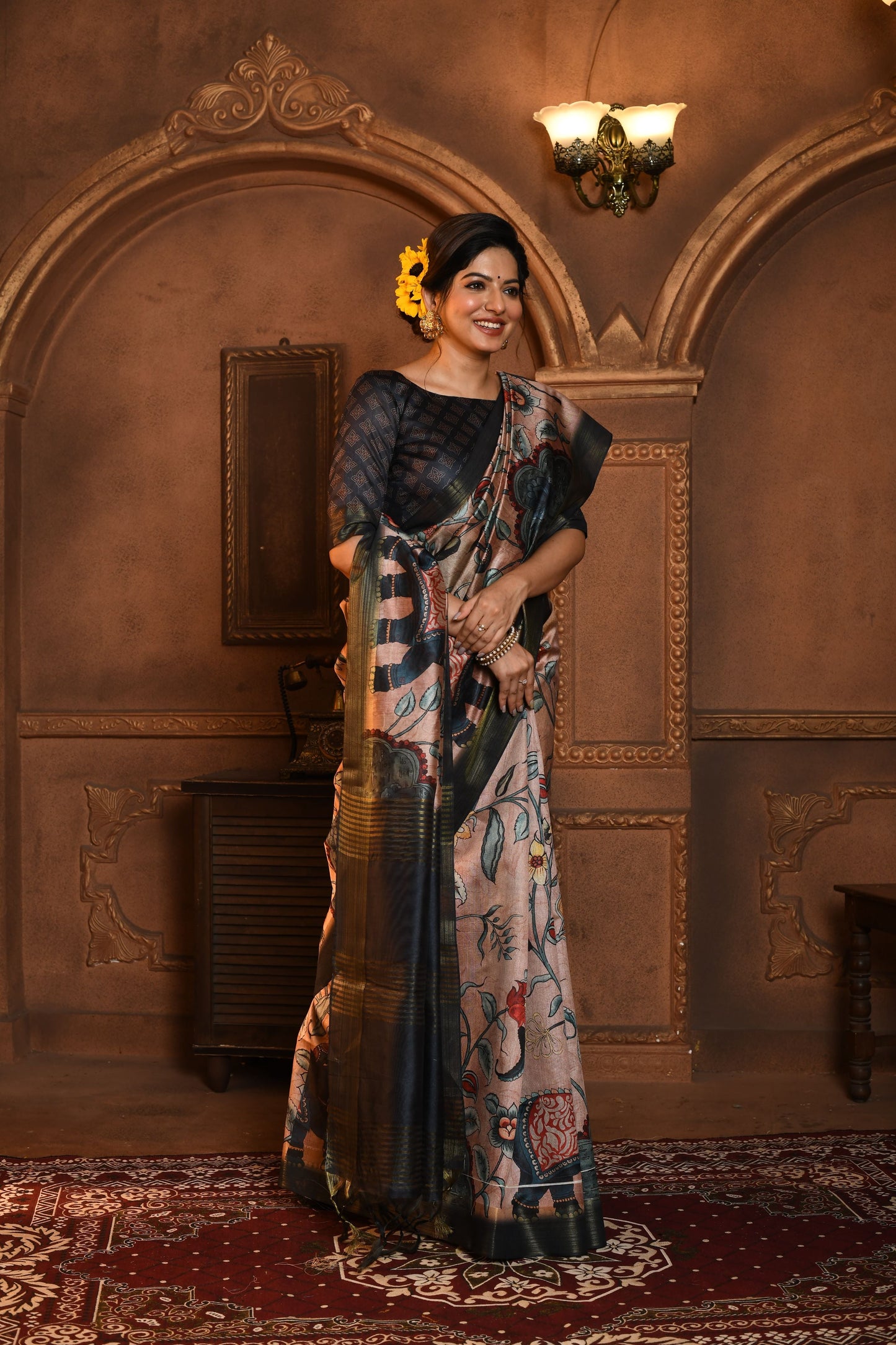 Dhiyona GR Women's Cream & Black Soft Ghicha Tussar Silk Saree with Beautiful Kalamkari Printed Work