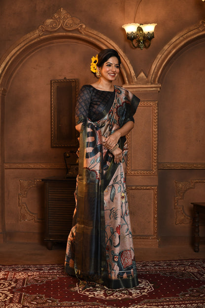 Dhiyona GR Women's Cream & Black Soft Ghicha Tussar Silk Saree with Beautiful Kalamkari Printed Work