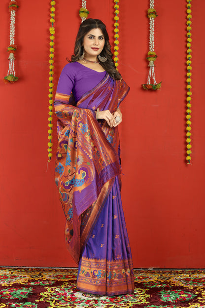 Dhiyona GR Women's Fancy Mor Purple Zari Paithani Silk Saree