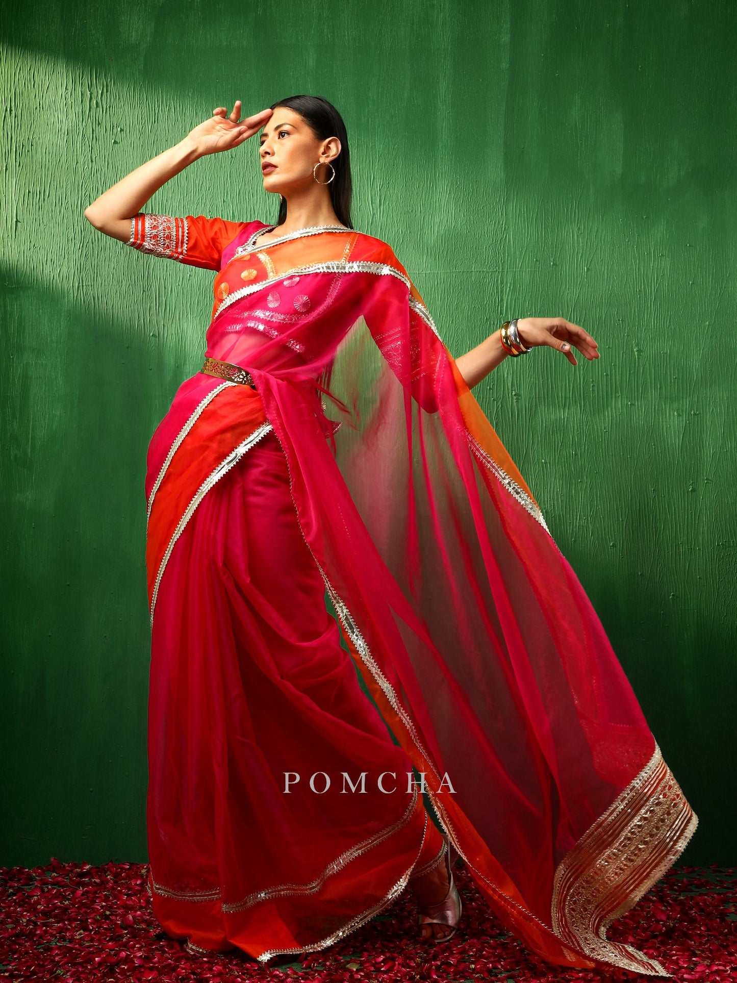 Adaa Orange Pink Double Shade Organza Saree