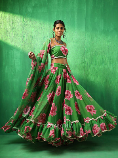 Adaa Green Carnation Organza Frill Lehenga  With Organza Dupatta Set