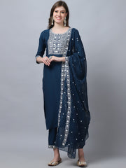 Women's Peach Embroidery  silk  Kurta, Pant And Dupatta Set