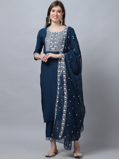 Women's Peach Embroidery  silk  Kurta, Pant And Dupatta Set