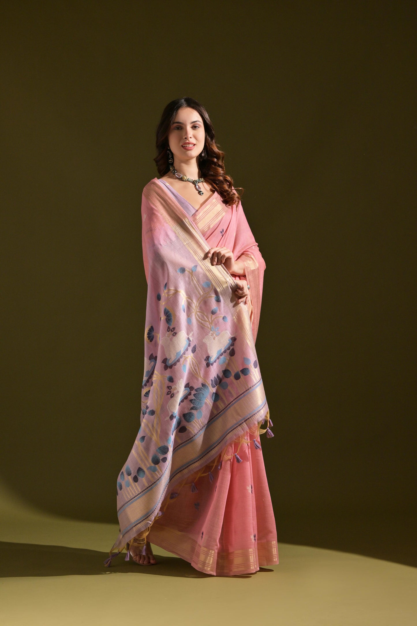 Dhiyona GR Women's Siara Pink Muga Cotton Saree