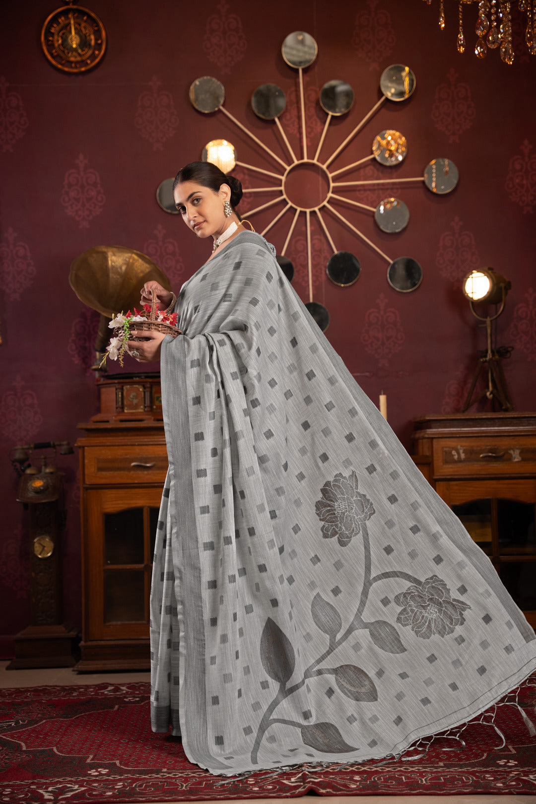 Dhiyona GR Women's Maitri Grey Linen Woven Saree