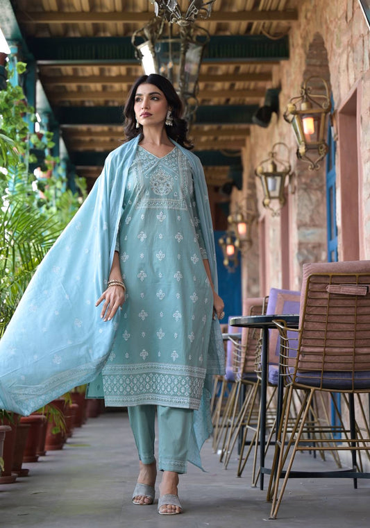 Dhiyona VR Women's Sea Green Rubber Printed, Mirror Embellished Straight Kurta Paired With Bottom And Dupatta