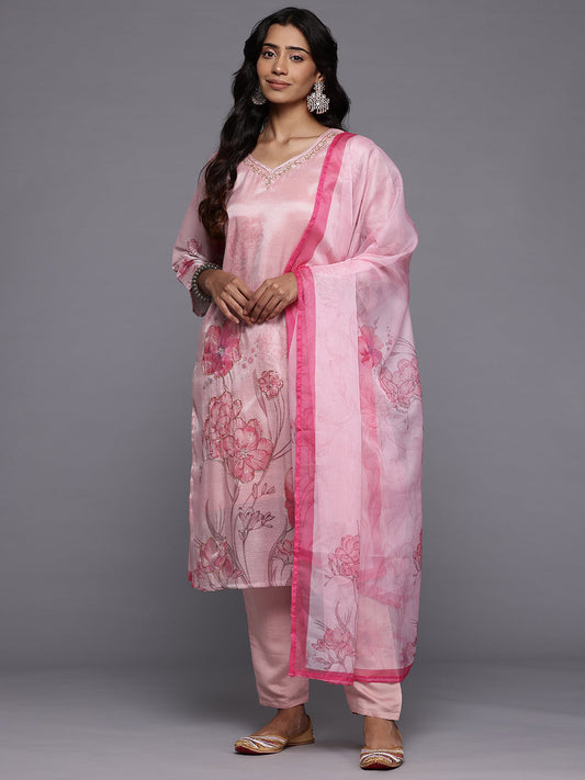 Dhiyona VR Women's Pink Silk Floral Printed Beads And Stones Embellished Kurta Set With Dupatta