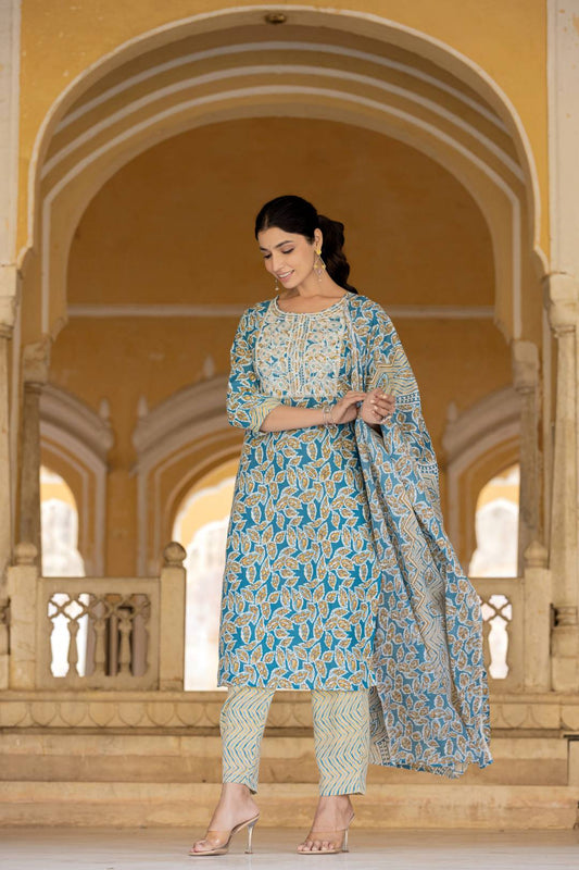 Dhiyona VR Women's Blue Round Neck Floral Printed Embroidered Kurta Paired With Bottom And Dupatta