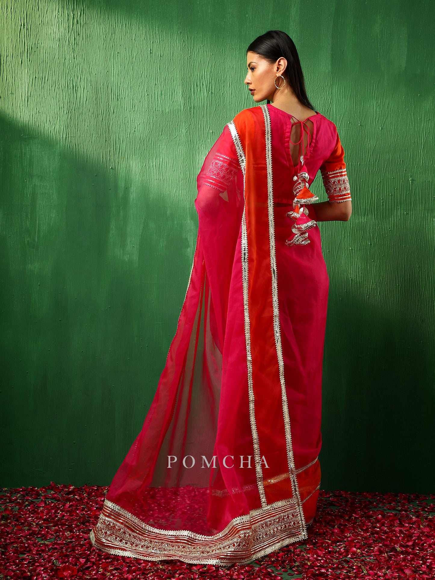 Adaa Orange Pink Double Shade Organza Saree