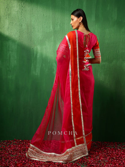 Adaa Orange Pink Double Shade Organza Saree